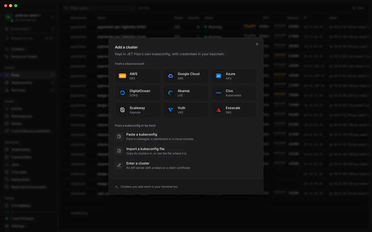 The Add a cluster dialog: nine clouds (AWS, Google Cloud, Azure, DigitalOcean, Akamai, Civo, Scaleway, Vultr and Exoscale) above options to paste a kubeconfig, import a file or enter a cluster by hand