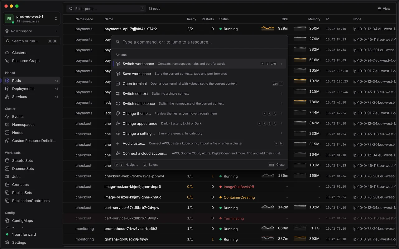 The command palette open over the pods table, listing actions such as Switch workspace, Open terminal, Switch context, Change a setting and Add cluster