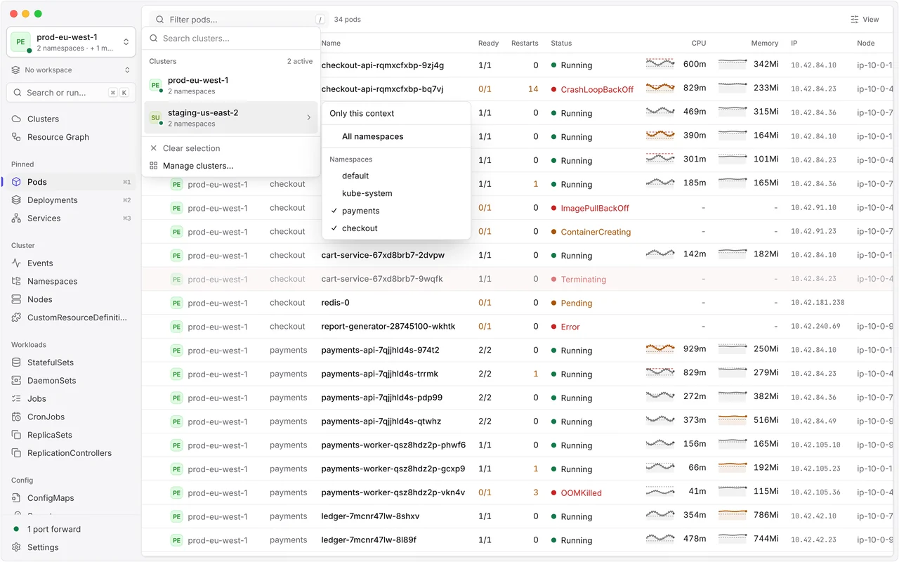 The context switcher open with two active contexts, prod-eu-west-1 and staging-us-east-2, each with the payments and checkout namespaces selected