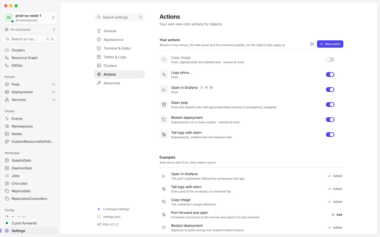 Settings › Actions: actions such as Logs since…, Open in Grafana and Restart deployment with on/off switches, one broken file with its line number and a Fix in YAML button