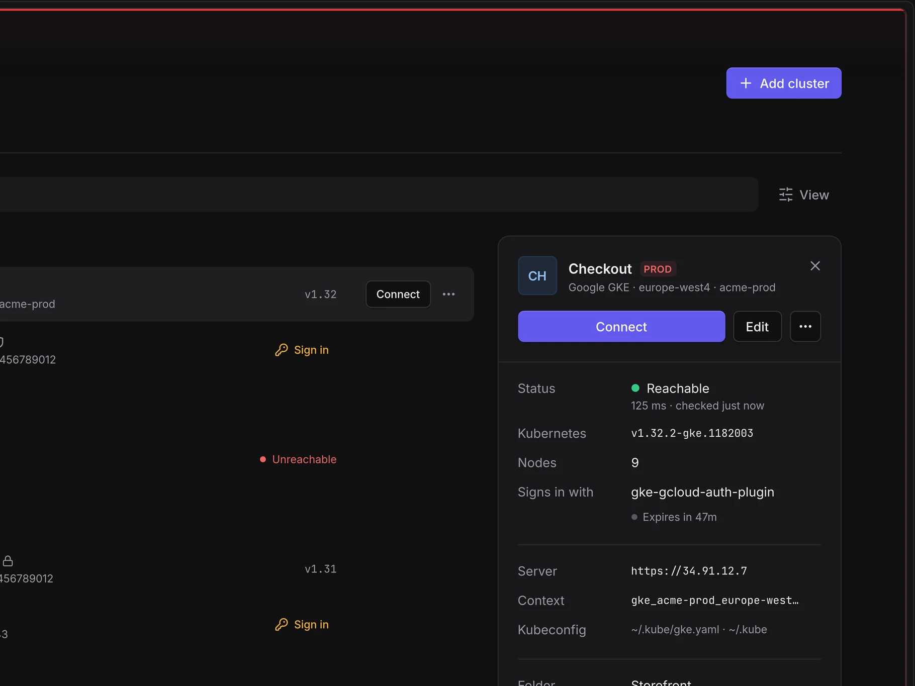 The Clusters hub: clusters in favourites and folders with environment badges, versions and statuses, and the details panel of Checkout, a protected production GKE cluster
