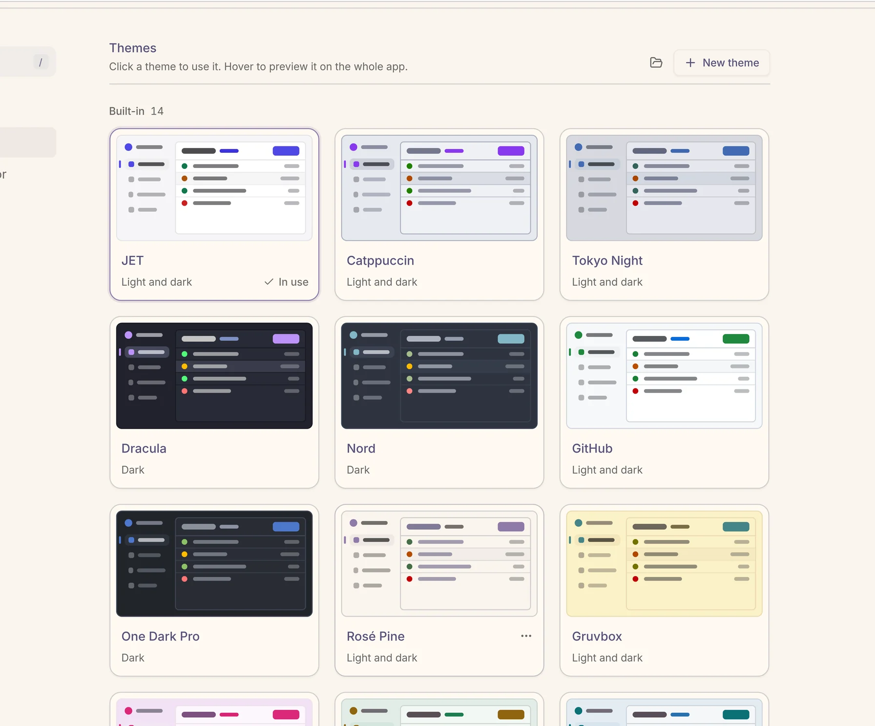 JET Pilot's theme library under Settings › Appearance: built-in themes as cards, each with a live miniature of the app in its colours