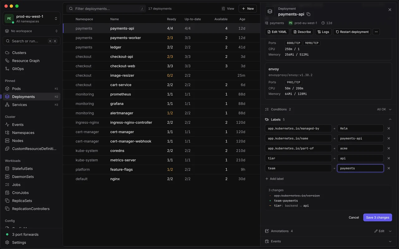 Editing the labels of the payments-api Deployment in its side panel, with a preview of three changes and a Save 3 changes button