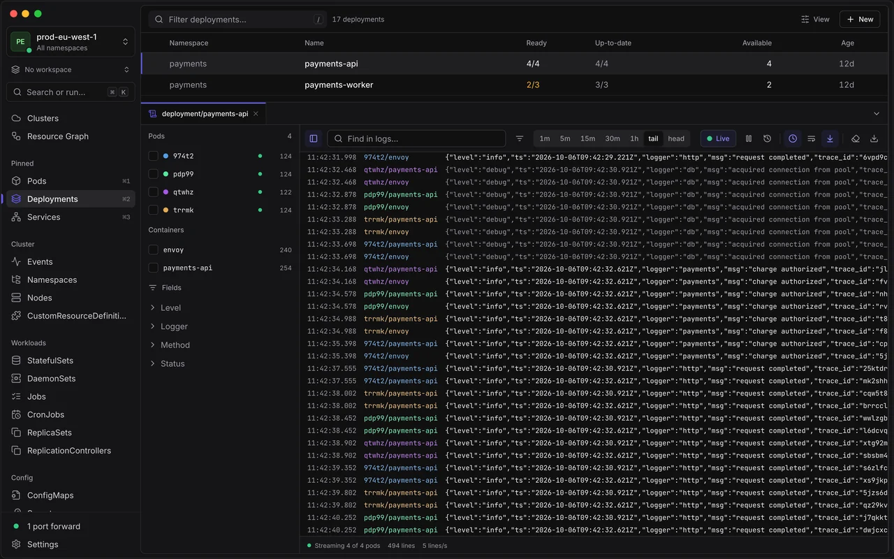 Logs for the payments-api Deployment: four pods listed with their own colours, container and field filters, and interleaved log lines prefixed with the pod and container they came from